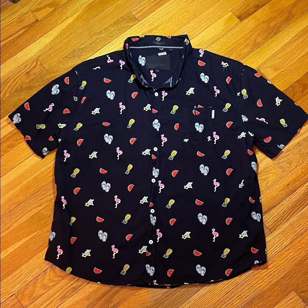 SOULSTAR Navy Flamingo Pineapple Print Short Sleeve Shirt Holiday Sun Fun - Picture 1 of 7